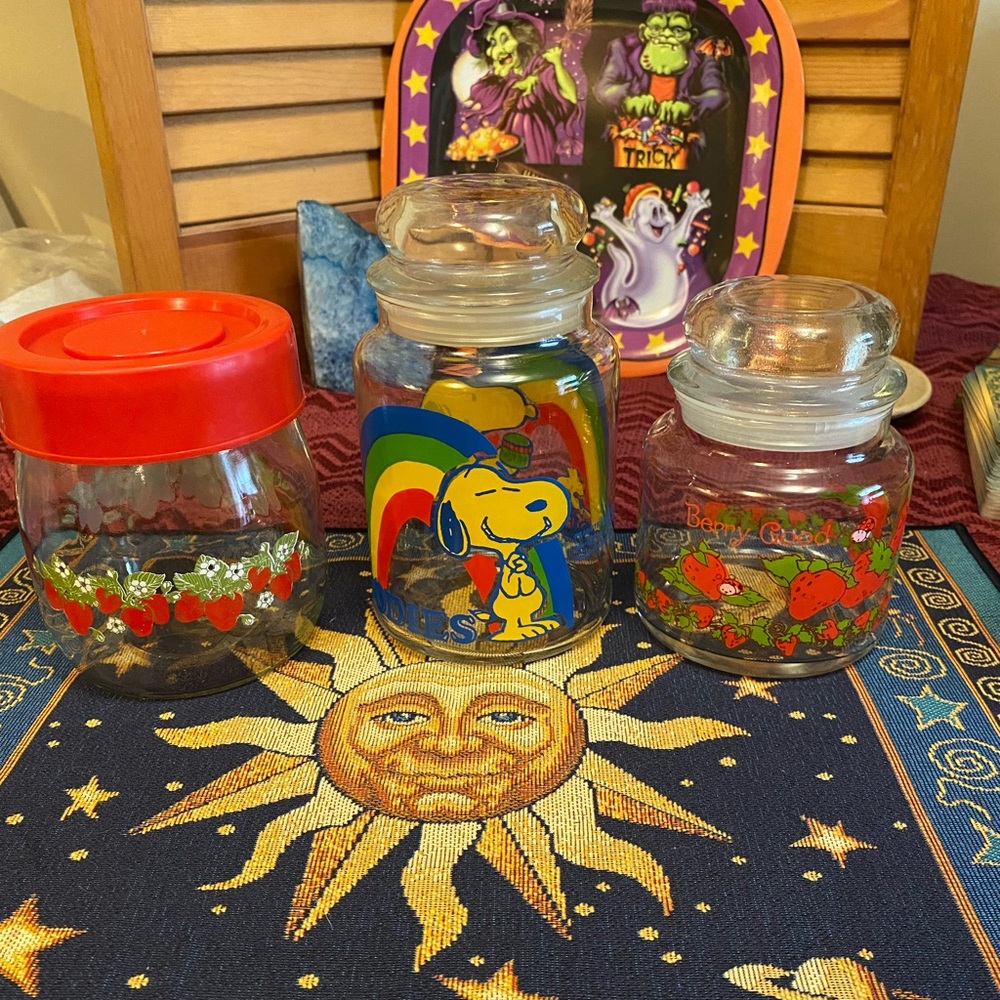 Lot of 3 Vintage Jars Snoopy, Strawberry Shortcake and a strawberry